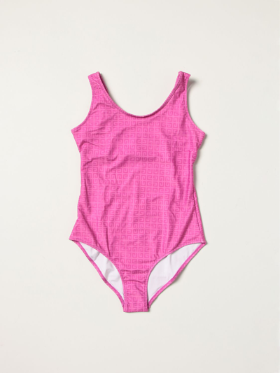 Shop Givenchy One-piece Swimsuit With Logo Allover In Fuchsia