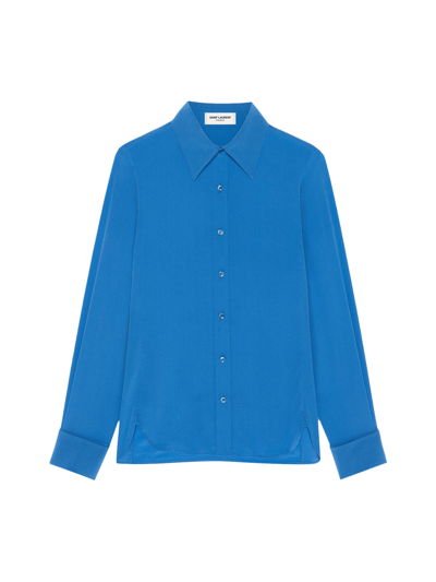 Shop Saint Laurent Fitting Shirt In Crêpe De Chine Silk In Blue