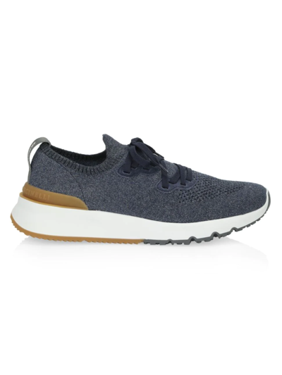 Shop Brunello Cucinelli Men's Melange Knit Sneakers In Dark Blue