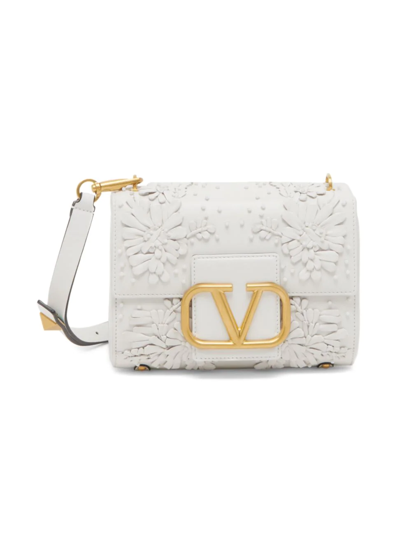 Shop Valentino Women's Stud Sign Floral Embroidered Leather Shoulder Bag In Bianco