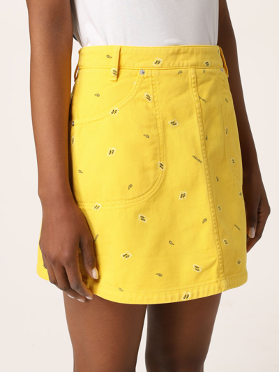 Shop Kenzo Yellow Denim Miniskirt With Allover Paisely Print