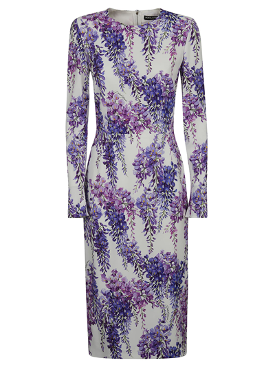 Shop Dolce & Gabbana Floral Print Long-sleeve Dress In Glicine Fdo Bianco Naturale