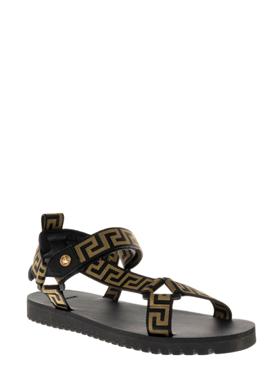 Shop Versace Nylon Sandals With Greek Print In Black