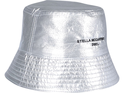 Shop Stella Mccartney Vinyl Bucket Bag With Logo In Silver