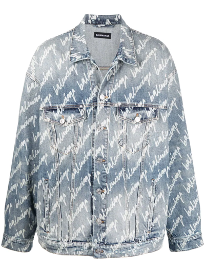 Shop Balenciaga All-over Logo Denim Jacket In Blau