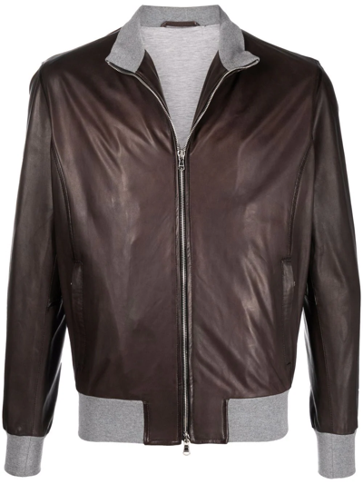 Shop Barba Zip-up Leather Jacket In Braun