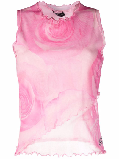 Blumarine Layered Tank Top With All-over Roses Print In Rosa