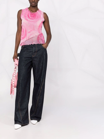 Blumarine Layered Tank Top With All-over Roses Print In Rosa