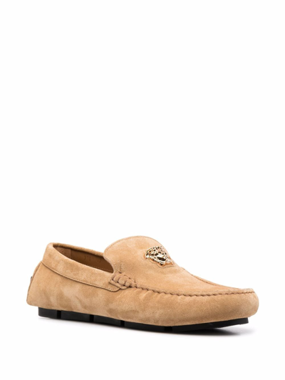 Shop Versace La Medusa Suede Loafers In Nude