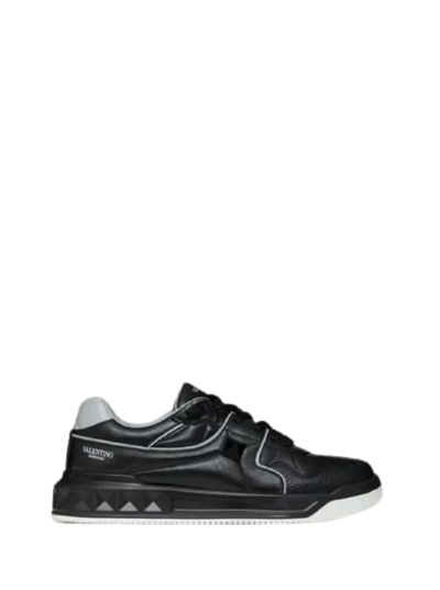 Shop Valentino Low Top One Stud Black Leather Sneakers In White