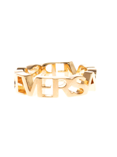 Shop Versace Gold Colored Metal Logo Ring In Metallic