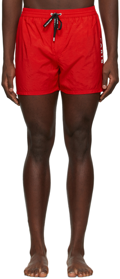 Shop Balmain Red Logo Swim Shorts In 600 Red/white