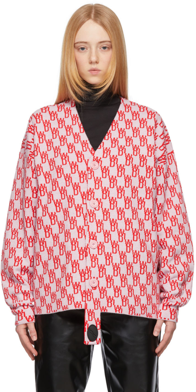 Shop We11 Done Pink & Red Jacquard Logo Cardigan