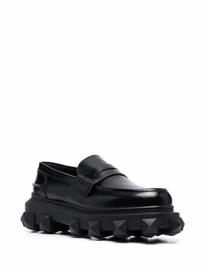 Shop Valentino Trackstud Loafers In Leather In Black