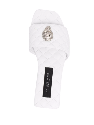 Philipp Plein Skull-embellished Quilted Leather Slides In Weiss