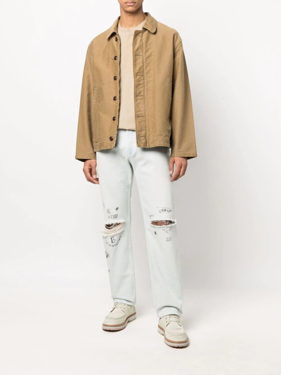 Shop Golden Goose Distressed-effect Text-print Straight-leg Jeans In Blau