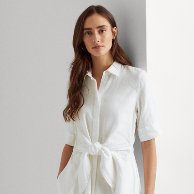 Shop Lauren Petite Tie-front Linen Shirtdress In White