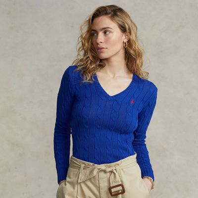 Shop Ralph Lauren Cable-knit V-neck Sweater In Rugby Royal