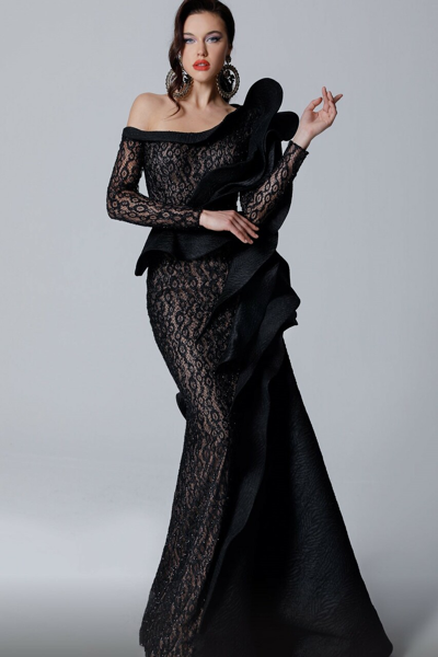 Shop Fouad Sarkis Long Sleeve Lace Gown