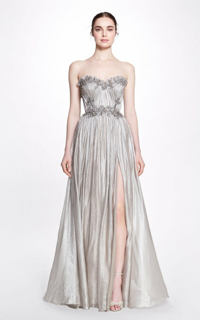 Shop Marchesa Metallic Crinkle Chiffon Gown