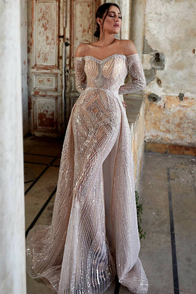 Shop Mnm Couture Off Shoulder Sequin Long Sleeve Gown
