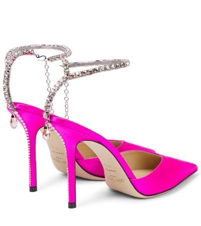 Shop Jimmy Choo Saeda 100 Embellished Satin Pumps In Fuchsia/ Crystal