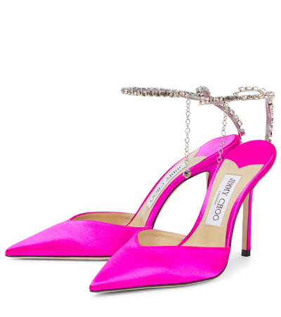 Shop Jimmy Choo Saeda 100 Embellished Satin Pumps In Fuchsia/ Crystal