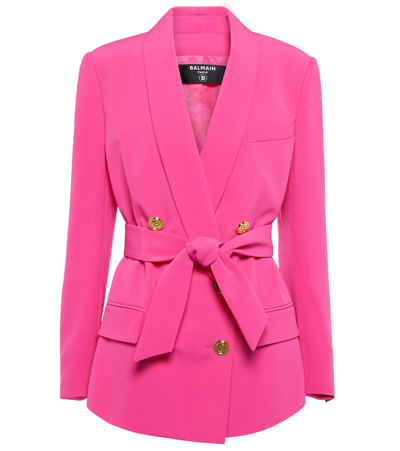 Shop Balmain Double-breasted Belted Blazer In Rose Fuchsia