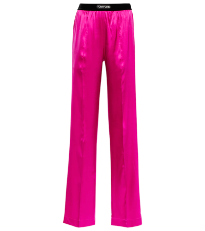 Tom Ford Fuchsia Satin Pants With Logo On Waistband In Stretch Silk Woman In Purple