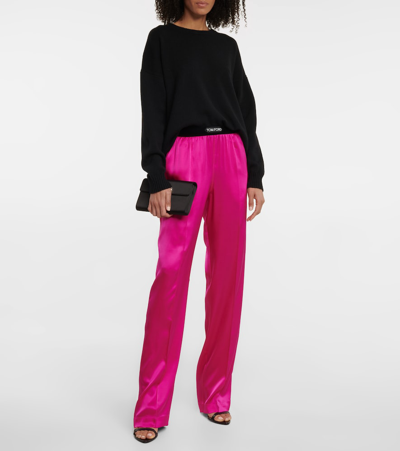 Tom Ford Fuchsia Satin Pants With Logo On Waistband In Stretch Silk Woman In Purple