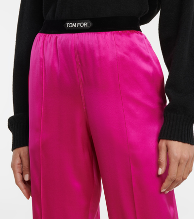 Tom Ford Fuchsia Satin Pants With Logo On Waistband In Stretch Silk Woman In Purple