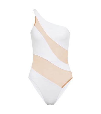 Shop Norma Kamali Mesh-paneled One-shoulder Swimsuit In White