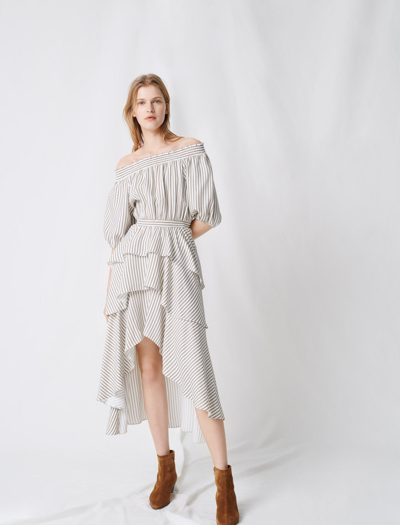 Striped Smocked Dress With Ruffles In Ecru