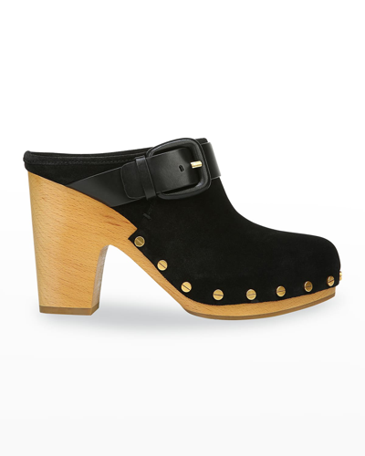 Shop Veronica Beard Dacey Suede Buckle Clogs In Black