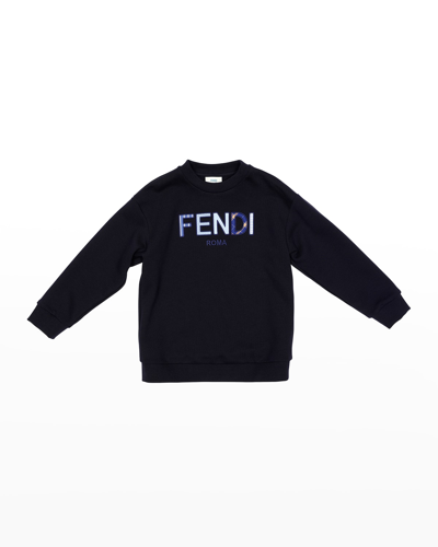 Shop Fendi Boy's Mixed Print Logo Sweater In F0qb0 Navy