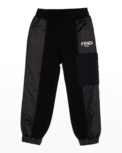Shop Fendi Boy's Ff Logo Nylon Panel Jogger Pants In F0gme Black