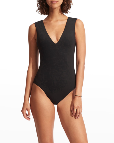 Shop Seafolly V-neck Keyhole One-piece Swimsuit In Black