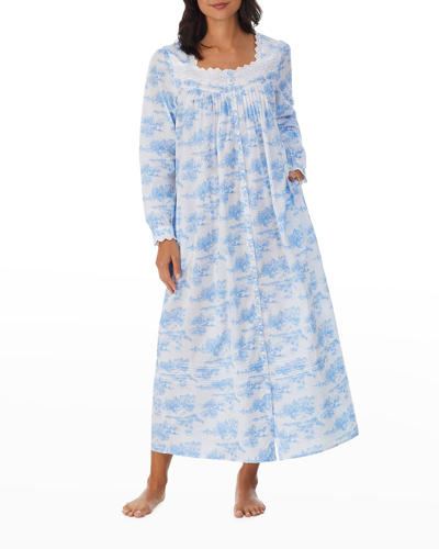 Shop Eileen West Button-front Long Cotton Lawn Robe In Wht Blue