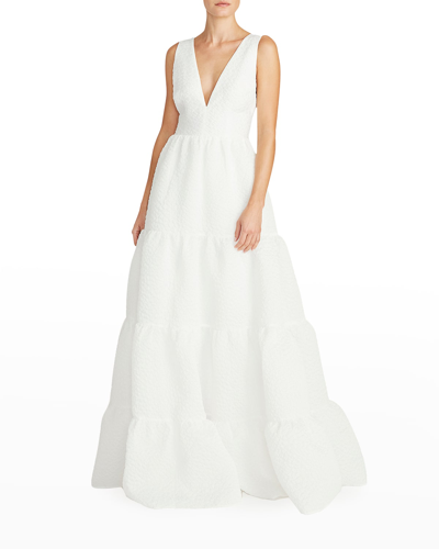 Shop Theia Regina V-neck Tiered A-line Gown In White