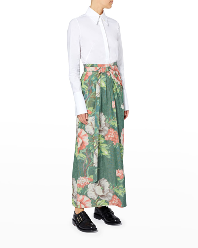 Shop Erdem Charlotte Belted Drape Maxi Skirt In Greenred