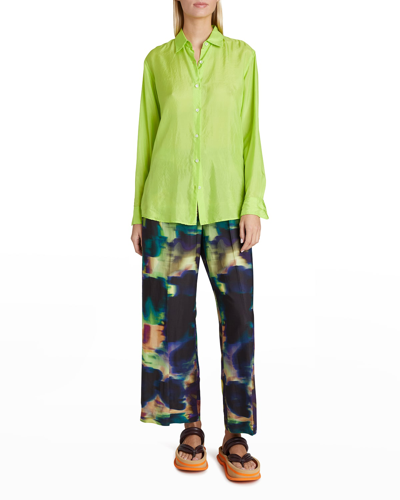 Shop Dries Van Noten Clavelly Collared Silk Shirt In Neon Green