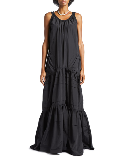 Shop Plan C Striped-pleat Tiered Maxi Dress In Black