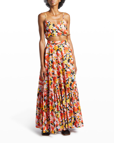 Shop Plan C Floral-print Tiered Maxi Skirt In Multicolor