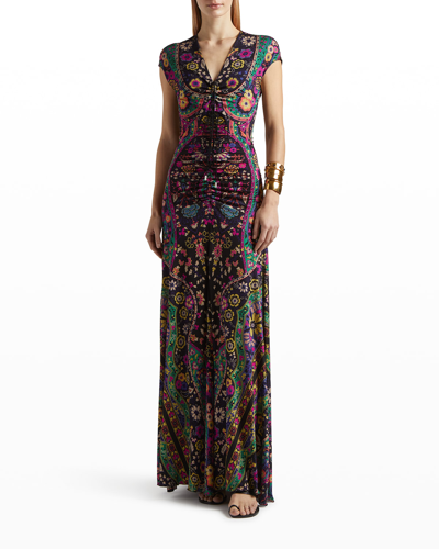 Shop Etro Floral Jacquard Cap-sleeve Ruched Gown In Black