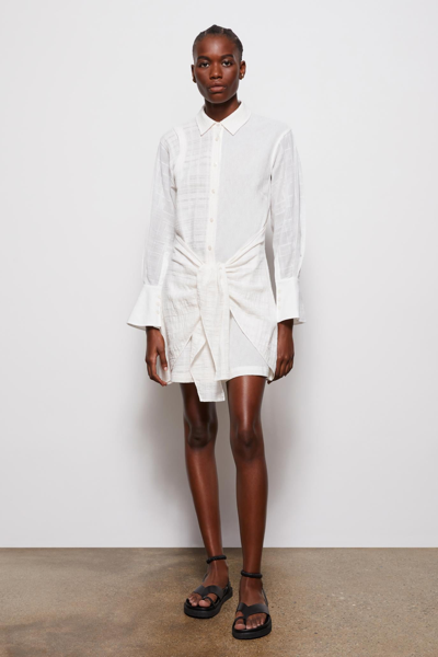 Shop Multimedia Patchwork Cotton L/s Tie Waist Shirt Dress Patchwork Shirt Dress In White Multi