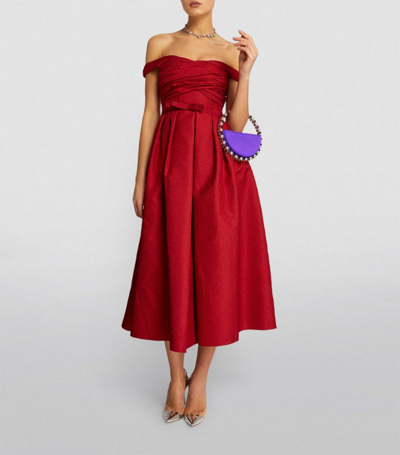 Shop Self-portrait Ruched Off-the-shoulder Midi Dress In Red