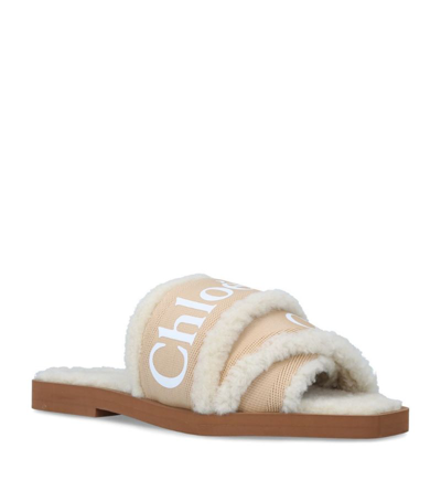 Shop Chloé Shearling-trim Woody Sandals In Beige