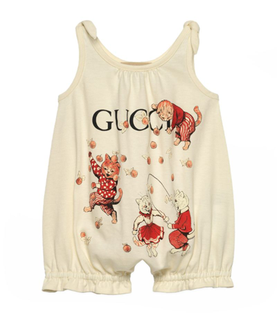 Shop Gucci Kids Logo Cat Print Playsuit In White