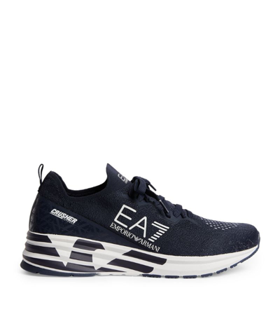 Shop Ea7 Distance Crusher Knit Sneakers In Navy