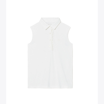 Shop Tory Sport Tory Burch Tech Piqué Sleeveless Ruffle Polo In Snow White/snow White